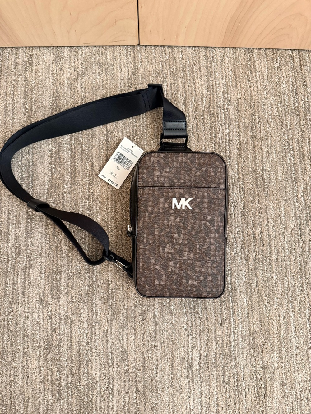 NWT Michael Kors Brown Logo Sling Bag with Black Strap